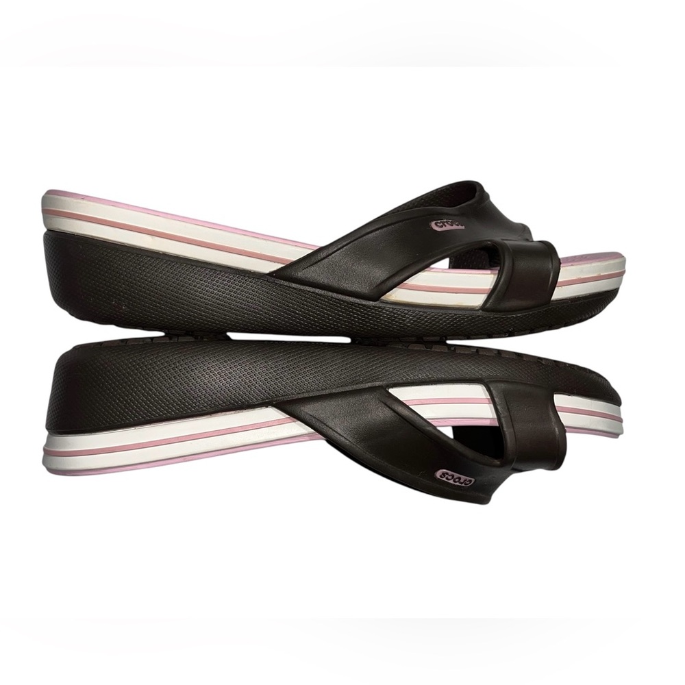 Crocs Brown/Pink Wedge Criss Cross Strap Slip-on Sandals Women's 8